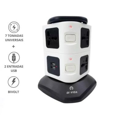Imagem de Torre de Tomadas Multifuncional com 7 Saídas e 2 USB - Ideal para Escr