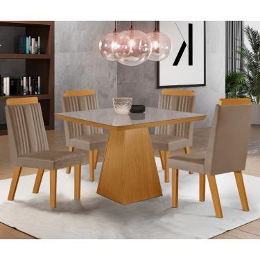 Imagem de Conjunto Sala de Jantar Mesa Prada com Tampo de Vidro 90cm e 4 Cadeiras em MDF Florença LJ Móveis - Castanho Cinamomo/ Capuccino/Off White