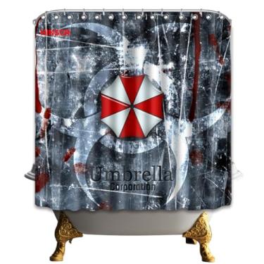 Imagem de HINSCR Umbrella Corporation Cortina de Chuveiro Resi dent ev il Emblema Cortina de Chuveiro com Ganchos Poliéster Impermeável Conjunto de Cortina de Banho (199.9 cm * 179.8 cm)