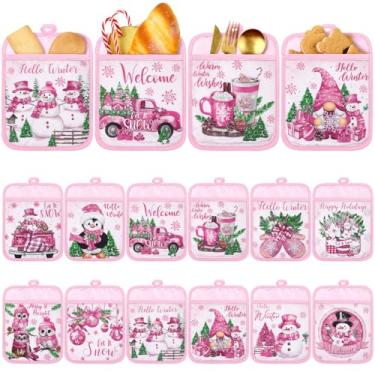 Imagem de Jingmore 12 peças de suportes de panela rosa de Natal com bolso, porta-panelas Hello Winter, presente, boneco de neve, gnomo, resistente ao calor, luvas de forno, lindas luvas de forno de floco de