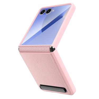 Imagem de POYUFRG Capa fina para Samsung Galaxy Z Flip 7, capa de couro com proteção de dobradiça de tela de vidro temperado com suporte invisível, capa com tudo incluído, rosa, Z Flip 7