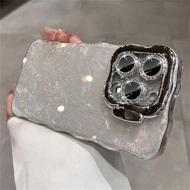 Imagem de Capa dobrável com suporte para lente, ondulada, com glitter, para iPhone 13, 14, 15, 16 Pro Max, proteção de câmera em vidro, transparente, macia e à prova de choque, branca, para iPhone 14 Pro