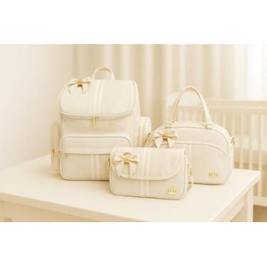 Imagem de kit Maternidade Bebe Bolsa Marfin Mochila Luxo Laço 3 bolsas Bege - cr