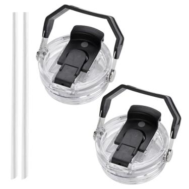 Imagem de 2 peças de tampas de substituição, adequadas para copos Stanley de 590 ml e 850 g, à prova de vazamento e resistente a respingos com alça, flip-top e canudo de uso duplo (preto)