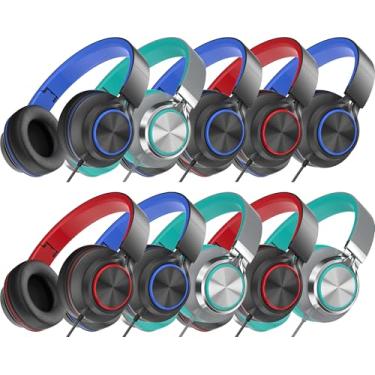 Imagem de MIXCU Fones de ouvido para crianças em idade escolar, pacote com 10, fones de ouvido com fio para sala de aula, com microfone, dobrável, faixa de cabeça ajustável, conector de 3,5 mm (multicolorido)