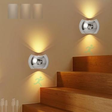 Imagem de GZZBMY Luzes de parede LED com sensor de movimento, bateria recarregável USB, arandela de parede interna, 3 temperaturas de cores, lâmpadas de parede reguláveis modernas, luzes sem fio para