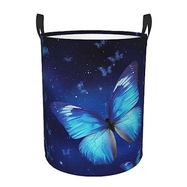 Imagem de Cesta de lavanderia borboleta estrelada azul dobrável à prova d'água cesto de armazenamento de roupas com alças pano oxford organizador de brinquedos cesta para banheiro, lavanderia, quarto, médio