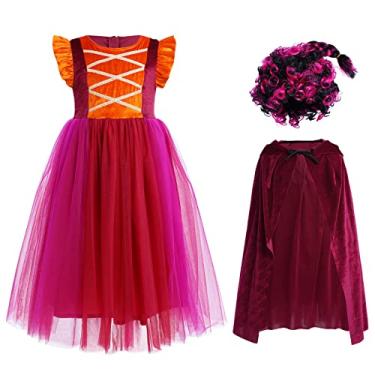 Imagem de IBTOM CASTLE Fantasia infantil de Halloween, vestido de tule, de veludo, com capuz, conjunto de perucas de carnaval, Vermelho vinho + perucas, 9-10 Anos