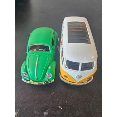 Imagem de Kit Fusc Kombi Miniatura Colecionável Brinquedo Carrinho Metal À fricção Abre Portas (Verde e Amarelo)