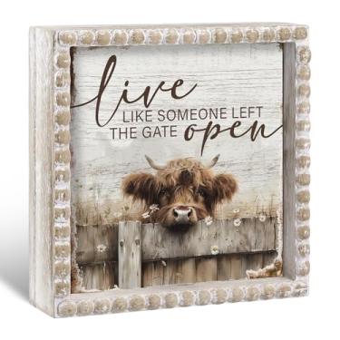 Imagem de Yousoontic Placa de vaca highland fazenda cozinha ocidental decoração de banheiro viva como alguém deixou o portão aberto placa de madeira rústica highland vaca presentes engraçados quarto placa