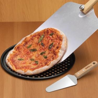 Imagem de BBQtrips Espátula de pizza de metal de casca de pizza de alumínio, conjunto de faca e descascador de pizza estilo rocker de 35,5 cm - Ideal para assar no forno doméstico (bandeja de pizza e espátula