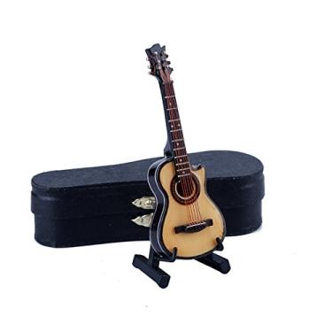 Imagem de Dselvgvu Wooden Miniature Guitar with Stand and Case Mini Musical Instrument Acoustic Guitar Replica Collectible Figurines Model Home Decoration Display Ornament (Wood Color, 3.93"x1.42"x0.56")