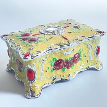 Imagem de Baú de joias rosa estilo pastoral caixa de metal bugiganga vintage bandeja de armazenamento de pedras preciosas lembrança de tesouro estojo de presente para meninas e mulheres (amarelo estrelado