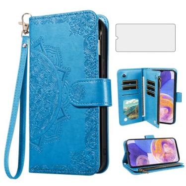 Imagem de Asuwish Capa de celular para Samsung Galaxy A23 5G/4G capa carteira celular com protetor de tela de vidro temperado e flor flip porta-cartão de crédito suporte A 23 23A 6,6 mulheres homens azul