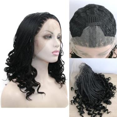 Imagem de Yinuozhogntian 1B Peruca trançada de caixa preta para mulheres, resistente ao calor, cor natural, perucas sintéticas de renda frontal, tranças de comprimento médio com pontas encaracoladas, penteado