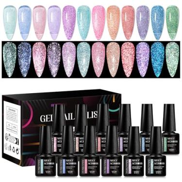 Imagem de MEET ACROSS Esmalte de gel com glitter refletivo, conjunto de esmaltes de gel cintilante, 12 peças, kit de manicure de esmalte de gel brilhante brilhante de imersão UV LED para unhas, faça você mesmo