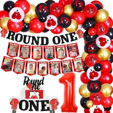 Imagem de JOYMEMO Decorações Para Festa De 1º Aniversário Boxe - Faixa Fotos Bebê Recém-Nascidos A 12 Meses, Topo Bolo Redondo Com Glitter, Balões Troféu Número 1, Materiais Esportivos Jogos
