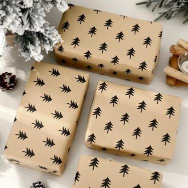 Imagem de JarThenaAMCS Papel de embrulho de Natal - Mini rolo - 43 cm x 32,8 m Kraft preto papel de embrulho para presente de árvore de Natal para artesanato faça você mesmo, suprimentos de festa de inverno de