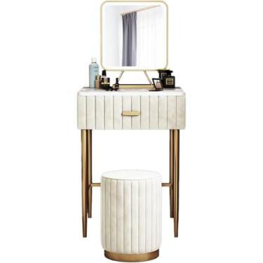 Imagem de Conjunto De Mesa De Vaidade Pequena Moderna, Mesa De Maquiagem Com Gavetas E Espelho, Mesa De Maquiagem Com Banquinho Redondo Acolchoado, Estrutura De Ferro Com Tampo De Mármore, Beige, 40x50cm