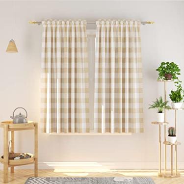 Imagem de Cortinas de xadrez de búfalo NATUS WEAVER 137,24 cm de comprimento de algodão porão bege e branco xadrez para cozinha painéis de cortina de janela para sala de estar quadriculada drapeada quarto varão bolso janela tratamento 2 painéis