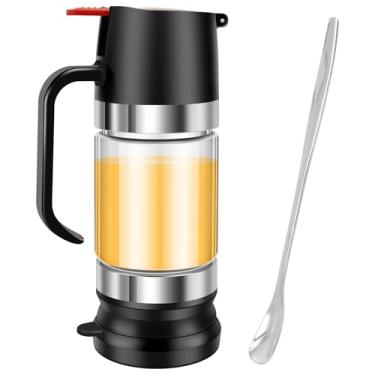 Imagem de DJAPWPX - Pote dispensador de mel de vidro, frasco dispensador de xarope de recarga fácil de 300 ml com alça e colher, pote de mel, dispensador de xarope de bordo transparente, recipiente de mel sem