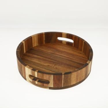Imagem de Bandeja redonda grande de madeira, bandeja circular de madeira, bandejas de madeira com alças, para mesa de centro de mesa, especiarias, despensa, armário, recipiente de armazenamento de mesa