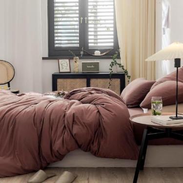 Imagem de LifeTB Jogo de cama de edredom vermelho tijolo Queen Size macio malha jérsei algodão minimalista argila ferrugem vermelho capa de edredom 3 peças cor sólida capa de edredom de algodão tricotado com 2