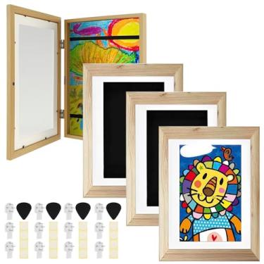 Imagem de DJAPWPX - Moldura de arte infantil de 1/2/4 peças, abertura frontal, moldura de arte infantil mutável, comporta 50 a 100 obras de arte para projetos de arte infantis (4, madeira)