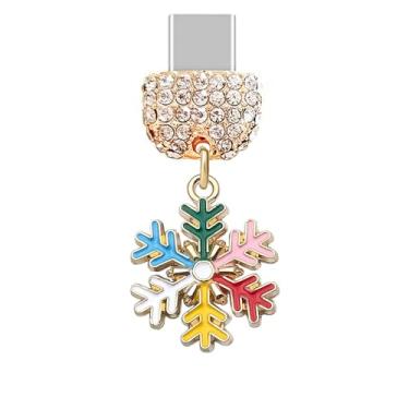 Imagem de ELISE & FONDA TP901 Tipo-C porta de carregamento cristal antipoeira pingente de celular pequeno floco de neve de Natal para iPhone 15/16/Samsung/OnePlus/Xiaomi/oppo telefones Android (arco-íris)