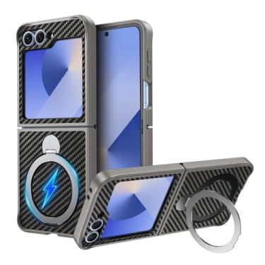 Imagem de Capa magnética para Samsung Galaxy Z Flip6/Flip7 FE com suporte de anel, textura de fibra de carbono, proteção de grau militar, leve, proteção contra quedas, resistente, à prova de choque, cinza 30
