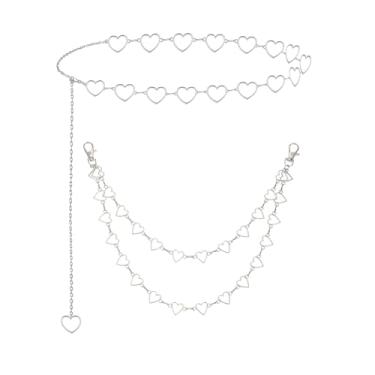 Imagem de LORACOXS 2 peças de cinto de corrente, cinto de corrente de coração prata, correntes de cinto Y2K para mulheres, correntes de jeans gótico, correntes de calça punk acessórios hip hop para mulheres