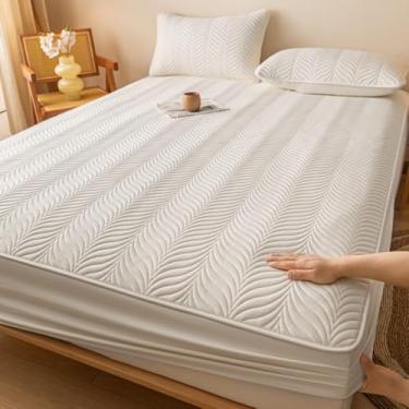 Imagem de Lençol de elástico macio e aconchegante protetor de colchão acolchoado confortável capa de colchão luxuosa, bolso profundo para colchão, sem ruído, impermeável, colcha-bege||180 x 220 cm (apenas capa