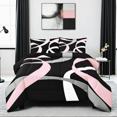Imagem de Castle Fairy Conjunto de edredom listrado abstrato, tamanho Queen, geométrico, listrado, 3 peças, rosa claro, cinza e preto, para decoração de quarto de crianças, meninas e mulheres, inserção de