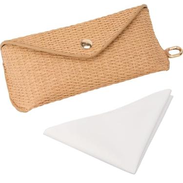 Imagem de CREATCABIN Estojo de palha para óculos de sol Boho Rattan bolsa rígida para óculos de sol com clipe de botão de pressão gancho para óculos pano de limpeza organizador de óculos para mulheres homens