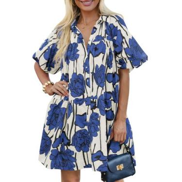 Imagem de Camiseta Wenrine Summer Floral de Manga Buff Feminina Azul