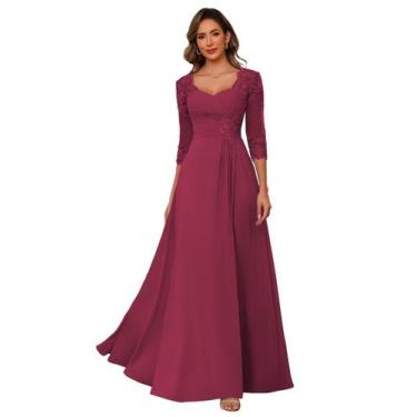 Imagem de Vestido para mãe da noiva AUSPORY, apliques de renda, chiffon, fúcsia
