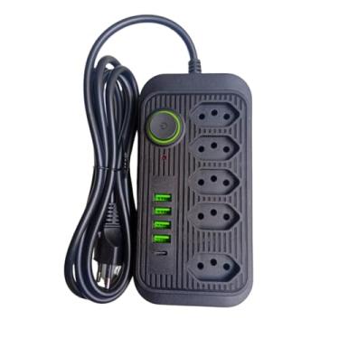 Imagem de Filtro de Linha Bivolt 5 Tomadas, 4 USB, 1 USB-C, Cabo de 2m, 110-220V, Potência 2500W – Extensão e Régua de Energia para Casa e Escritório (PRETO)