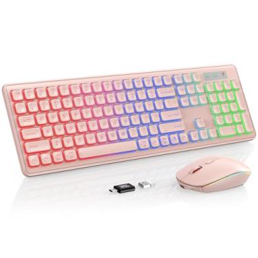 Imagem de Combo de teclado e mouse sem fio – retroiluminado RGB, letras recarregáveis e iluminadas, tamanho completo, ângulo de inclinação ergonômico, modo de suspensão, teclado silencioso de 2,4 GHz para Mac,