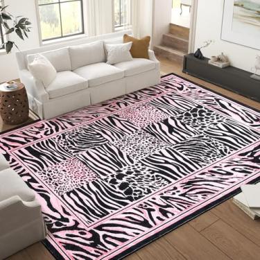 Imagem de Tapetes de leopardo rosa para quarto de meninas 22 x 30 cm para sala de estar lavável, tapete macio de leopardo patchwork grande para quarto de cama baixa antiderrapante tapete interno para berçário e
