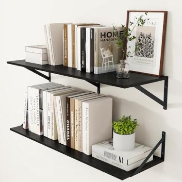Imagem de Heimlove Prateleiras flutuantes profundas pretas para parede, 91 cm L x 30 cm D, conjunto de 2 prateleiras de parede de madeira, ampla prateleira flutuante para sala de estar, cozinha, escritório,