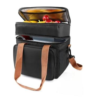 Imagem de Bolsa Térmica Grande com Dois Andares Porta Marmita Fitness Com Alça De Mão e Ombro Transversal (Preto)