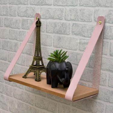 Imagem de Prateleira Suspensa de MDF com Alças de Couro - 29x13cm, Minimalista para Plantas, Livros e Decoração(Rosa,KitCom2)
