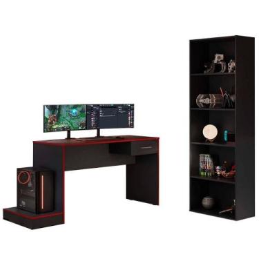 Imagem de Mesa Gamer 1 Gaveta E Estante Livreiro Preto Vermelho Arly Preto Verme
