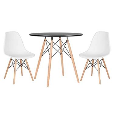 Imagem de Loft7, Kit Mesa Redonda Eames 80 cm Preto + 2 Cadeiras Eames DSW, Polipropileno, Aço e Madeira, Escritório, Sala de Estar e Sala de Jantar - Branco