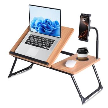 Imagem de Mesa de colo de madeira ajustável com suporte flexível, cor carvalho natural, estação de trabalho portátil com gerenciamento de cabos, design ergonômico para escritório em casa (madeira + preto)