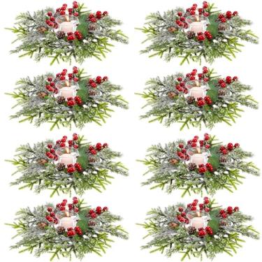 Imagem de Solsew Conjunto de 8 anéis de vela de Natal, guirlanda de pinheiro norfolk, guirlanda de pinhas vermelhas, bagas artificiais, guirlanda de pinheiro nevado, suporte de vela para Natal, casamento, casa