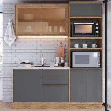 Imagem de Cozinha Compacta 3 Peças 6 Portas 3 Gavetas Com Divisor De Talheres 2 Nichos Para Forno Viena Edez Louro Freijó/cinza