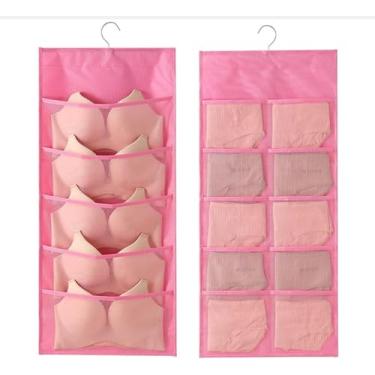 Imagem de Organizador de sutiã e calcinha de dois lados rosa – Armazenamento de pendurar com 15 bolsos com compartimentos de sutiã dedicados e compartimentos para roupas íntimas, organizador de armário para