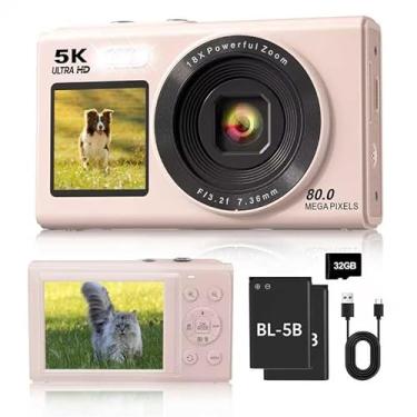 Imagem de Câmera digital 5K, câmera de tela dupla com zoom digital de 18x, câmera vlogging compacta para adolescentes, pacote de presente para iniciantes, cartão de 32 GB e 2 baterias, rosa