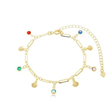 Imagem de Tornozeleira Feminina Pingentes Coloridos E Conchas ? Banhada A Ouro 18k | Antialérgica